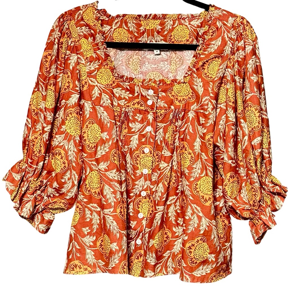 Rachel Zoe Linen Puff Sleeve Button Front Ruffle Square Neckline Blouse Medium
